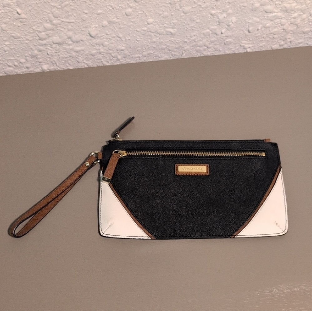Calvin Klein Black and White Clutch with Brown Accents